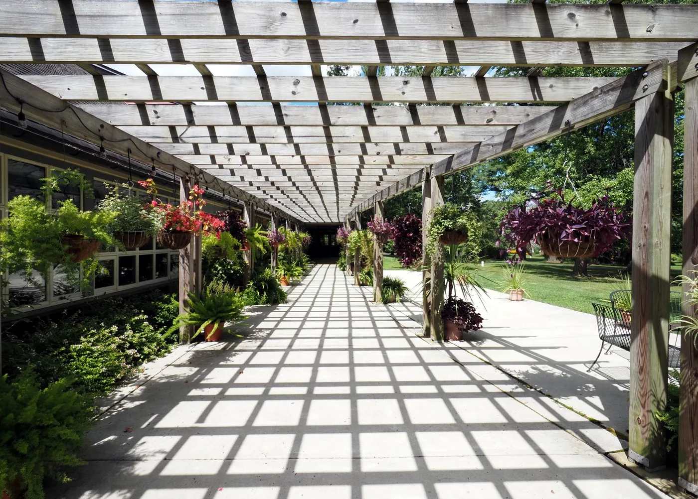 zahradní pergola zdobená závěsnými květinami