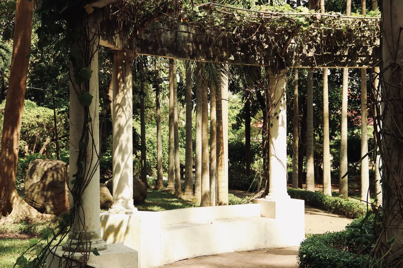 kamenná pergola porostlá popínavými rostlinami